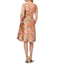 Adrianna Papell Jacquard Floral Print V Neck Sleeveless A Line Dress