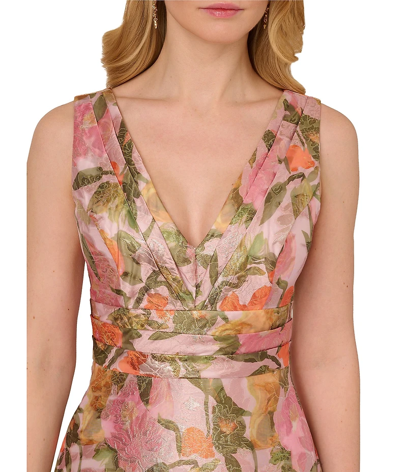Adrianna Papell Jacquard Floral Print V Neck Sleeveless A Line Dress