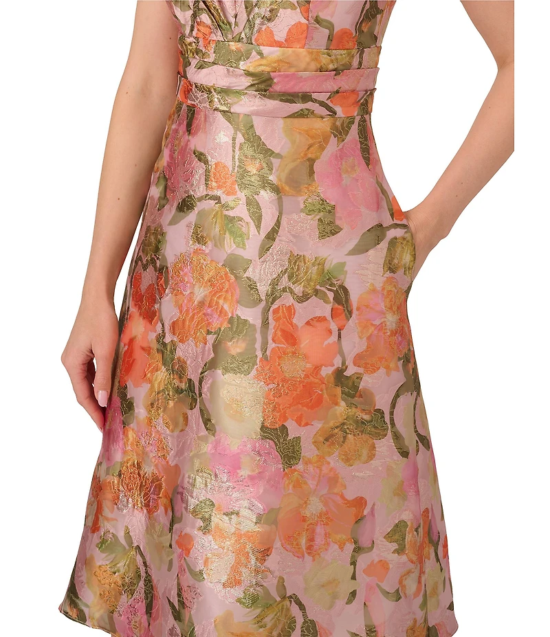 Adrianna Papell Jacquard Floral Print V Neck Sleeveless A Line Dress
