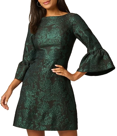 Adrianna Papell Jacquard Metallic Floral Print 3/4 Bell Sleeve A-Line Dress