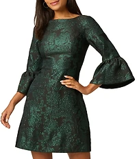 Adrianna Papell Jacquard Metallic Floral Print 3/4 Bell Sleeve A-Line Dress