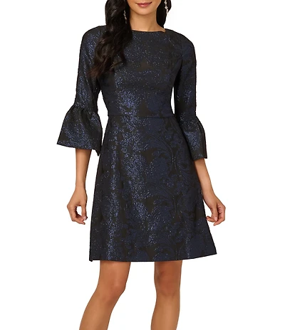 Adrianna Papell Jacquard Metallic Floral Print 3/4 Bell Sleeve A-Line Dress