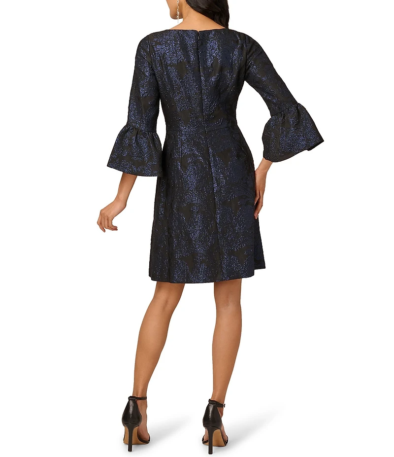 Adrianna Papell Jacquard Metallic Floral Print 3/4 Bell Sleeve A-Line Dress