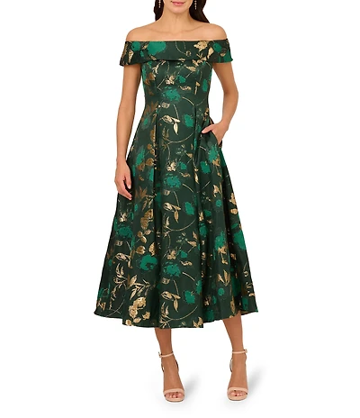 Adrianna Papell Jacquard Metallic Floral Print Off The Shoulder Midi Gown
