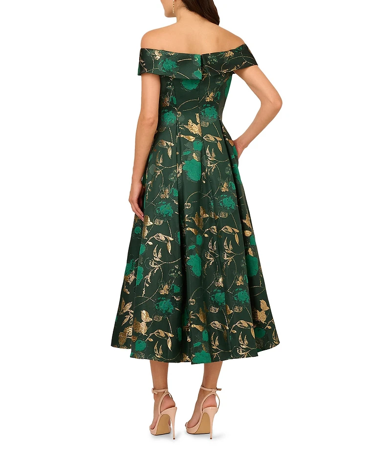 Adrianna Papell Jacquard Metallic Floral Print Off The Shoulder Midi Gown