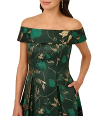 Adrianna Papell Jacquard Metallic Floral Print Off The Shoulder Midi Gown