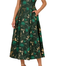 Adrianna Papell Jacquard Metallic Floral Print Off The Shoulder Midi Gown