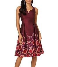 Adrianna Papell Jacquard Notch Scoop Neck Floral Print Pleated Sleeveless Midi Dress