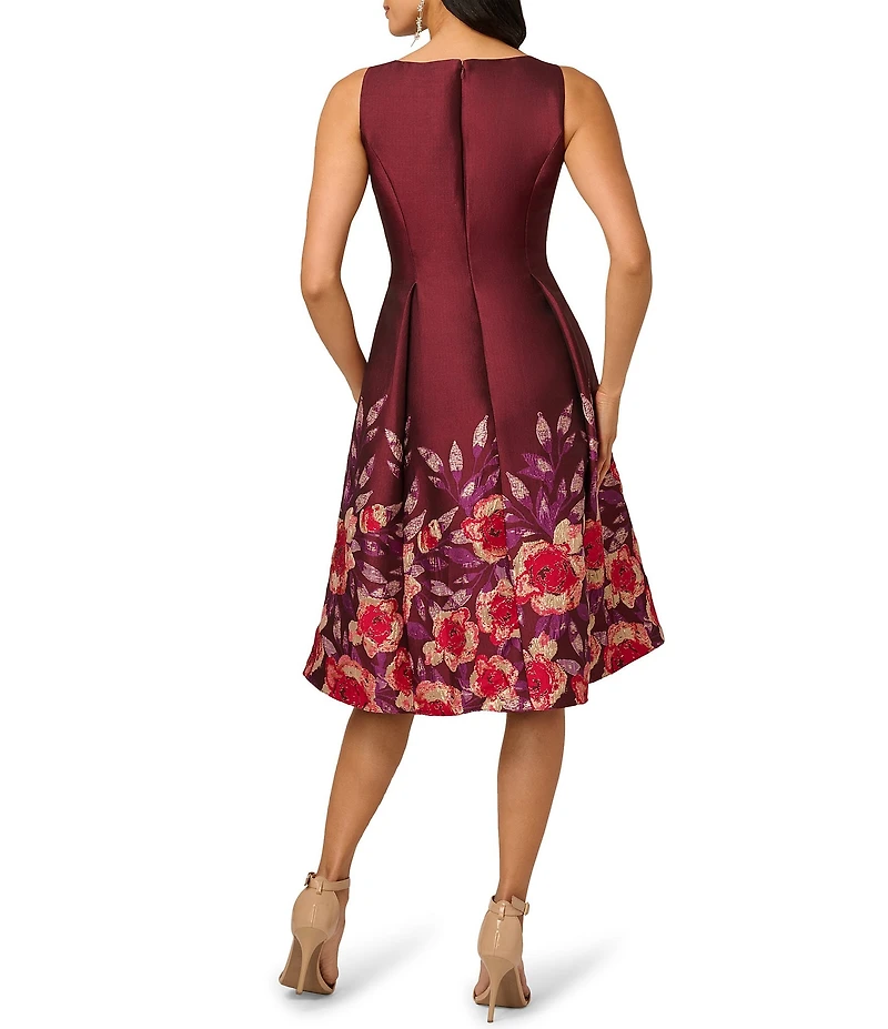 Adrianna Papell Jacquard Notch Scoop Neck Floral Print Pleated Sleeveless Midi Dress