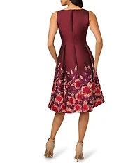 Adrianna Papell Jacquard Notch Scoop Neck Floral Print Pleated Sleeveless Midi Dress