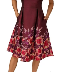Adrianna Papell Jacquard Notch Scoop Neck Floral Print Pleated Sleeveless Midi Dress