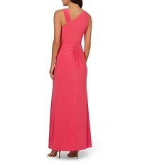 Adrianna Papell Jersey Asymmetrical Neck Sleeveless Ruffle Applique Sheath Gown