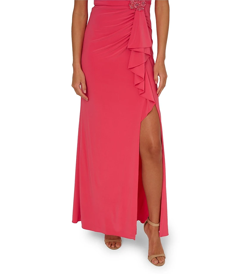 Adrianna Papell Jersey Asymmetrical Neck Sleeveless Ruffle Applique Sheath Gown