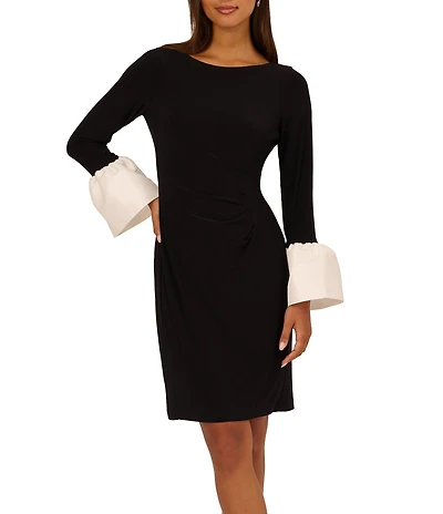 Adrianna Papell Jersey Boat Neck Long Sleeve Flared Wrist Cuff Sheath Dress