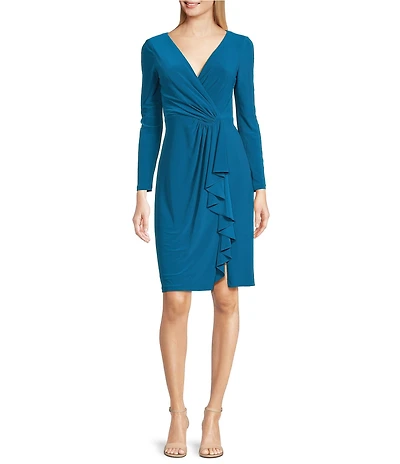 Adrianna Papell Jersey V-Neck Draped Ruffle Long Sleeve Dress