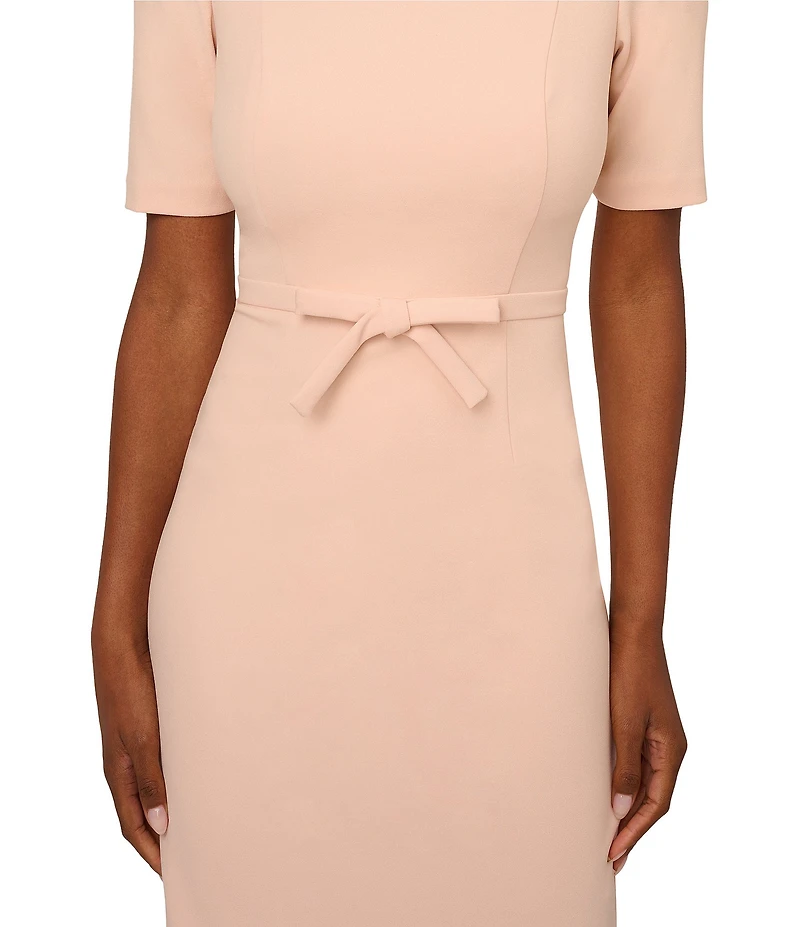 Adrianna Papell Crew Neck Short Sleeve Bow Front Crepe Sheath Dress