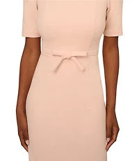 Adrianna Papell Crew Neck Short Sleeve Bow Front Crepe Sheath Dress