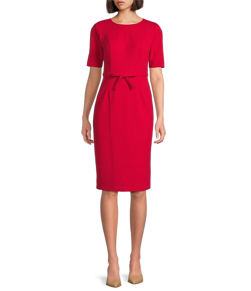 Adrianna Papell Crew Neck Short Sleeve Bow Front Crepe Sheath Dress