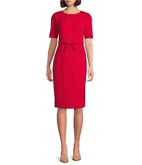 Adrianna Papell Crew Neck Short Sleeve Bow Front Crepe Sheath Dress