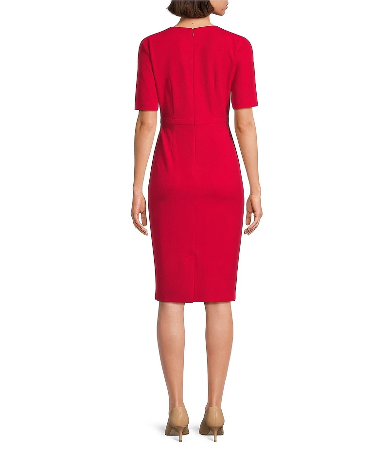 Adrianna Papell Crew Neck Short Sleeve Bow Front Crepe Sheath Dress