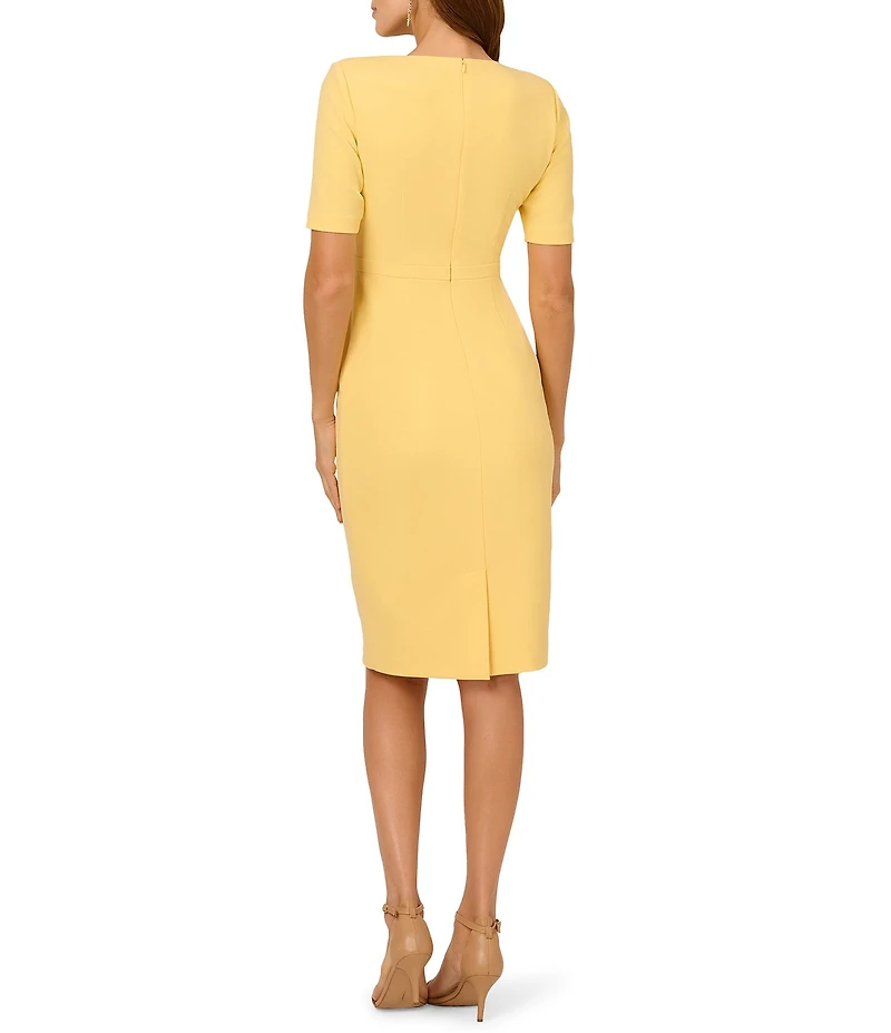 Adrianna Papell Crew Neck Short Sleeve Bow Front Crepe Sheath Dress