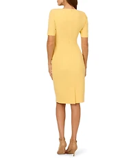 Adrianna Papell Crew Neck Short Sleeve Bow Front Crepe Sheath Dress