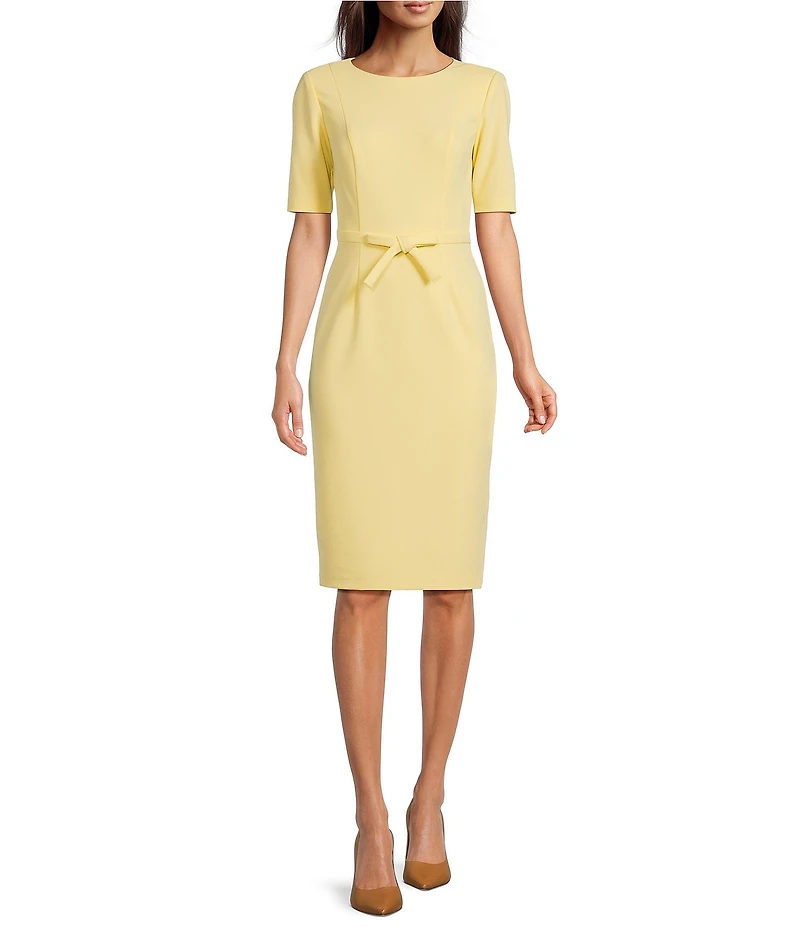 Adrianna Papell Crew Neck Short Sleeve Bow Front Crepe Sheath Dress