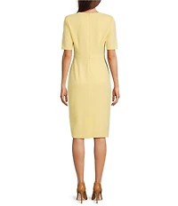 Adrianna Papell Crew Neck Short Sleeve Bow Front Crepe Sheath Dress