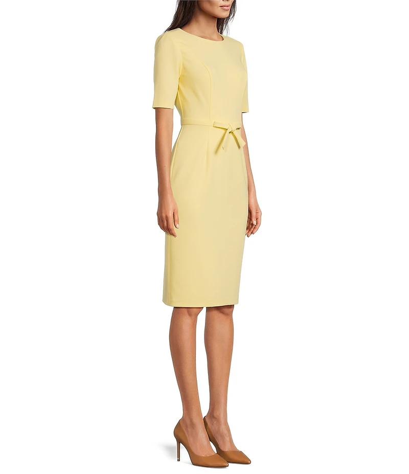 Adrianna Papell Crew Neck Short Sleeve Bow Front Crepe Sheath Dress