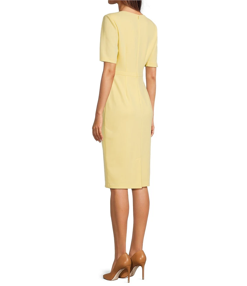 Adrianna Papell Crew Neck Short Sleeve Bow Front Crepe Sheath Dress