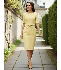 Adrianna Papell Crew Neck Short Sleeve Bow Front Crepe Sheath Dress