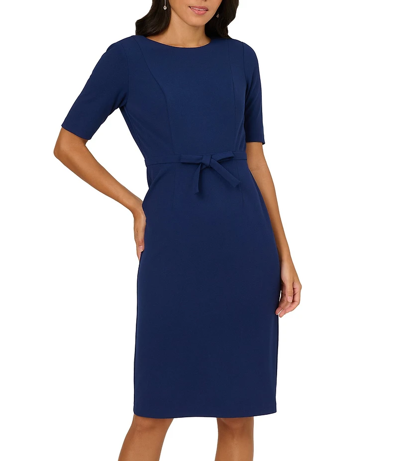 Adrianna Papell Crew Neck Short Sleeve Bow Front Crepe Sheath Dress