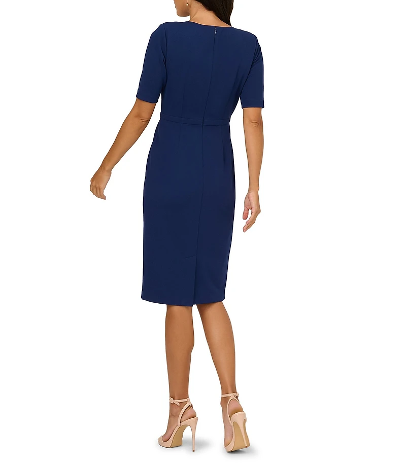 Adrianna Papell Crew Neck Short Sleeve Bow Front Crepe Sheath Dress