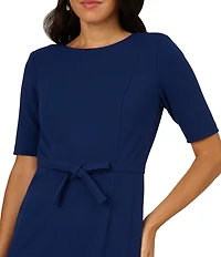 Adrianna Papell Crew Neck Short Sleeve Bow Front Crepe Sheath Dress