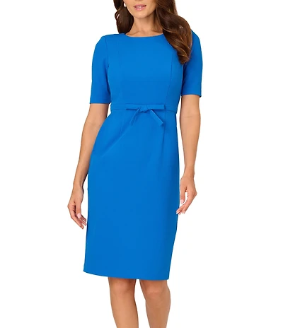Adrianna Papell Crew Neck Short Sleeve Bow Front Crepe Sheath Dress