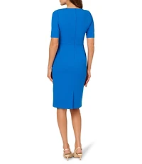 Adrianna Papell Crew Neck Short Sleeve Bow Front Crepe Sheath Dress