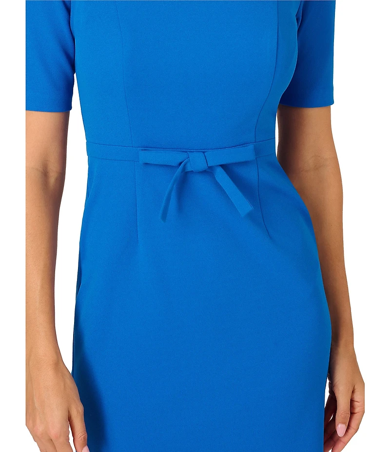 Adrianna Papell Crew Neck Short Sleeve Bow Front Crepe Sheath Dress