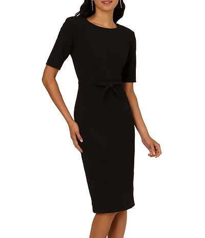 Adrianna Papell Crew Neck Short Sleeve Bow Front Crepe Sheath Dress