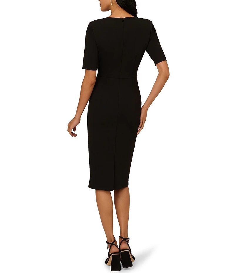 Adrianna Papell Crew Neck Short Sleeve Bow Front Crepe Sheath Dress