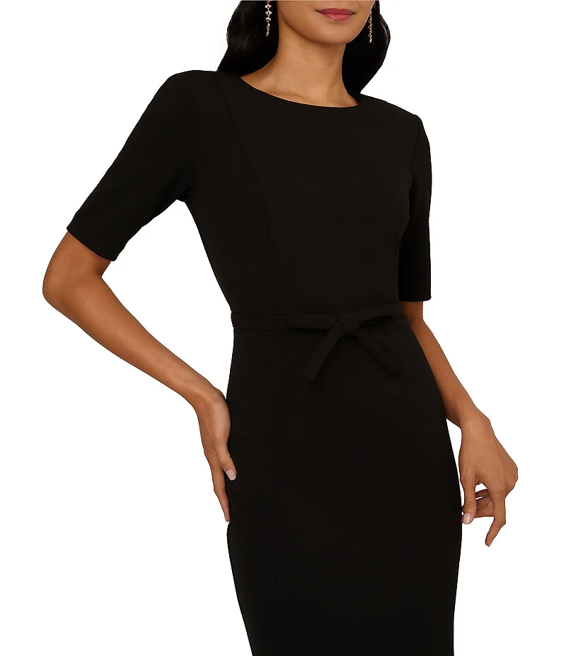 Adrianna Papell Crew Neck Short Sleeve Bow Front Crepe Sheath Dress