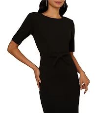 Adrianna Papell Crew Neck Short Sleeve Bow Front Crepe Sheath Dress