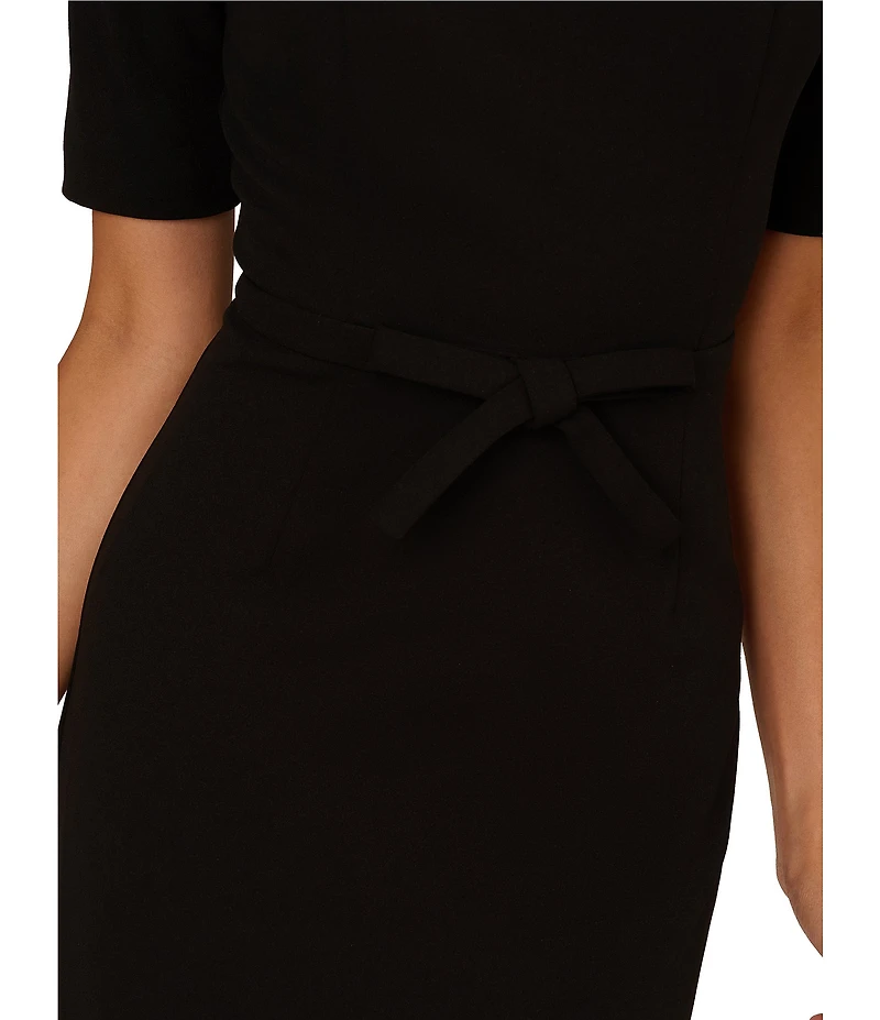 Adrianna Papell Crew Neck Short Sleeve Bow Front Crepe Sheath Dress