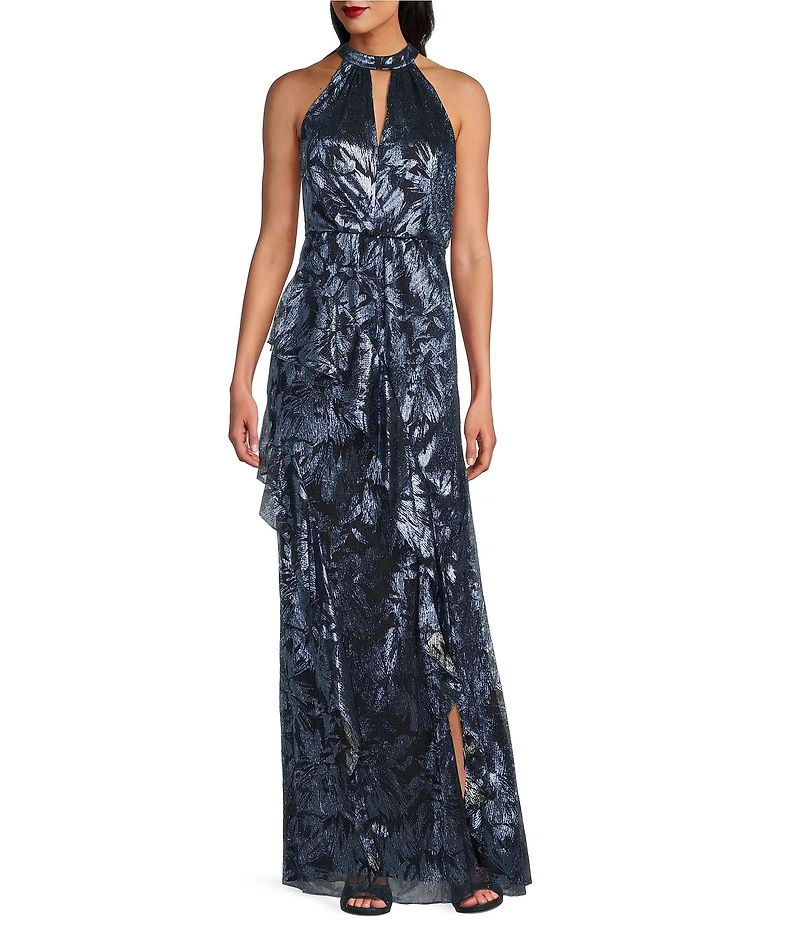 Adrianna Papell Keyhole Halter Neck Sleeveless Floral Print Metallic Crinkle Ruffle Gown