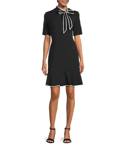 Adrianna Papell Knit Crepe Tie Neck Fit and Flare Dress