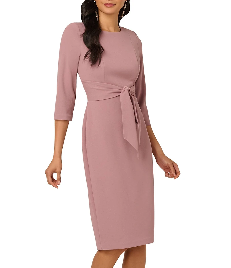 Adrianna Papell Stretch Crepe Crew Neck Tie Waist 3/4 Sleeve Midi Sheath Dress