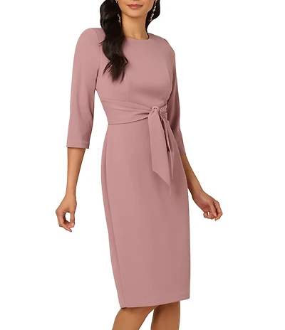Adrianna Papell Stretch Crepe Crew Neck Tie Waist 3/4 Sleeve Midi Sheath Dress