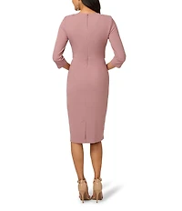 Adrianna Papell Stretch Crepe Crew Neck Tie Waist 3/4 Sleeve Midi Sheath Dress