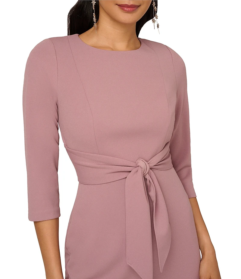 Adrianna Papell Stretch Crepe Crew Neck Tie Waist 3/4 Sleeve Midi Sheath Dress