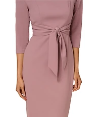 Adrianna Papell Stretch Crepe Crew Neck Tie Waist 3/4 Sleeve Midi Sheath Dress