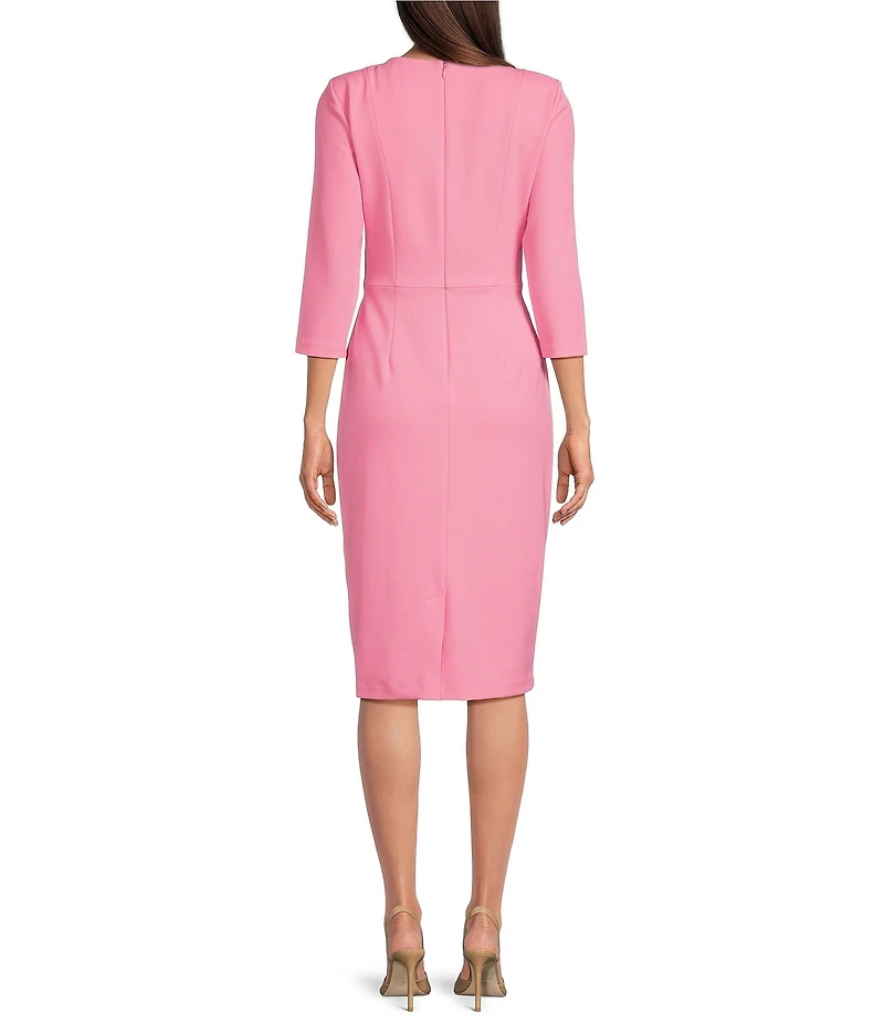 Adrianna Papell Stretch Crepe Crew Neck Tie Waist 3/4 Sleeve Midi Sheath Dress